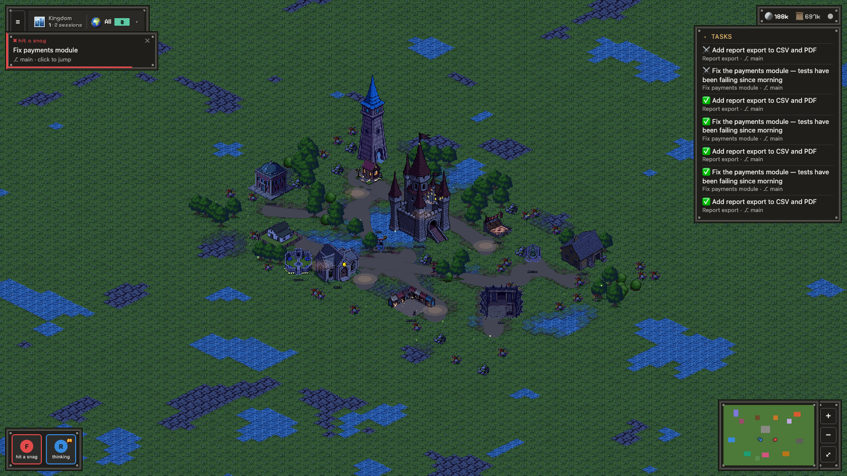 Agent Hollow — the fantasy realm at night: keep, mage tower, market and library with windows aglow