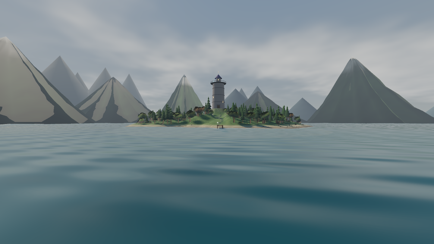 The island seen from the middle of the lake: the tower above the trees, mountains behind, clouds streaking the sky, shimmering water in the foreground