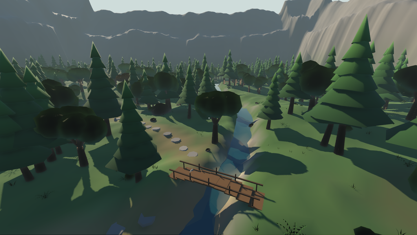 An arched wooden footbridge over a winding stream, stepping stones leading toward it through the forest