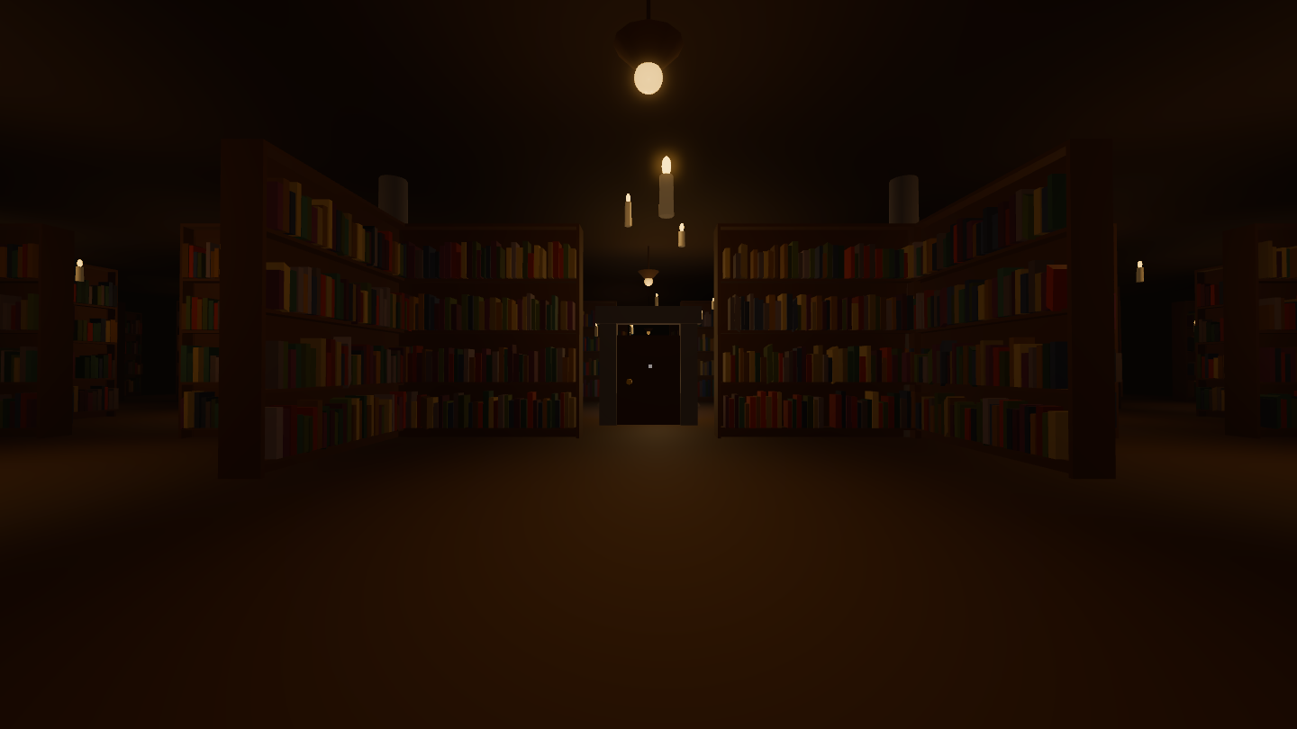 A corridor of bookshelves at night, floating candles drifting overhead, their flames the only light