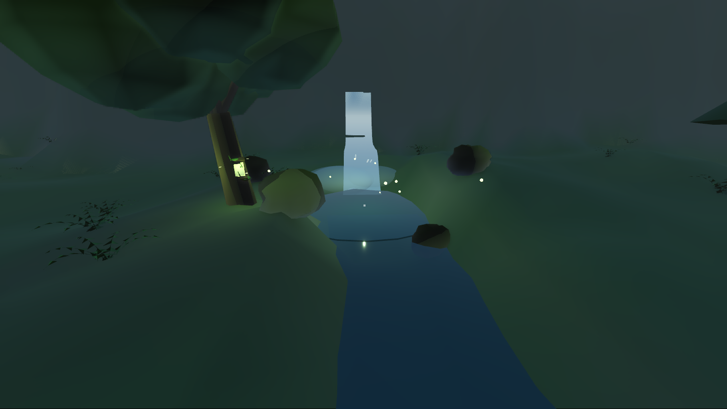 A waterfall pouring into a spring pool at night, motes of light drifting over the water