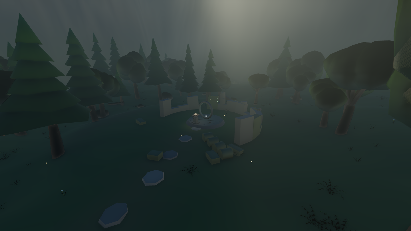 A shaft of sunlight falling through mist onto the ruined portal circle in the forest clearing