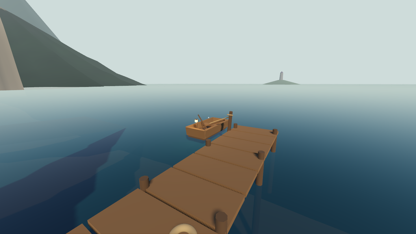 The jetty on the forest shore, the rowboat's lantern lit, the island a silhouette on the horizon