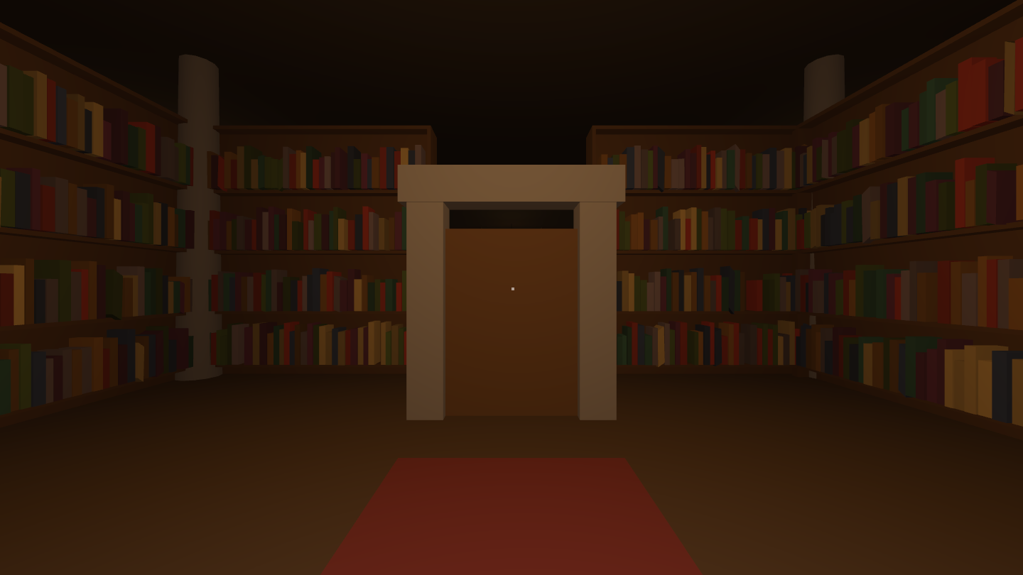 The library's entrance chamber, shelves of books surrounding the arch door back to the island
