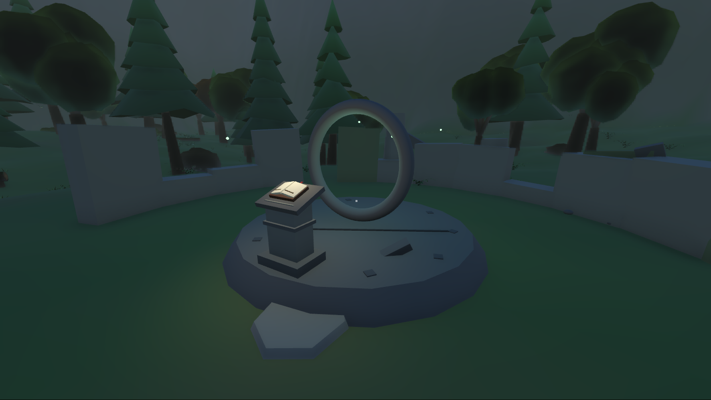 The ruin of the First Tower: a cracked dais, a cold stone ring, and the wizard's journal open on its lectern