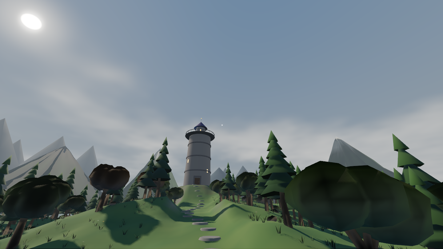 The wizard's tower on its green hill under a blue sky of drifting clouds, the sun haloed at the corner