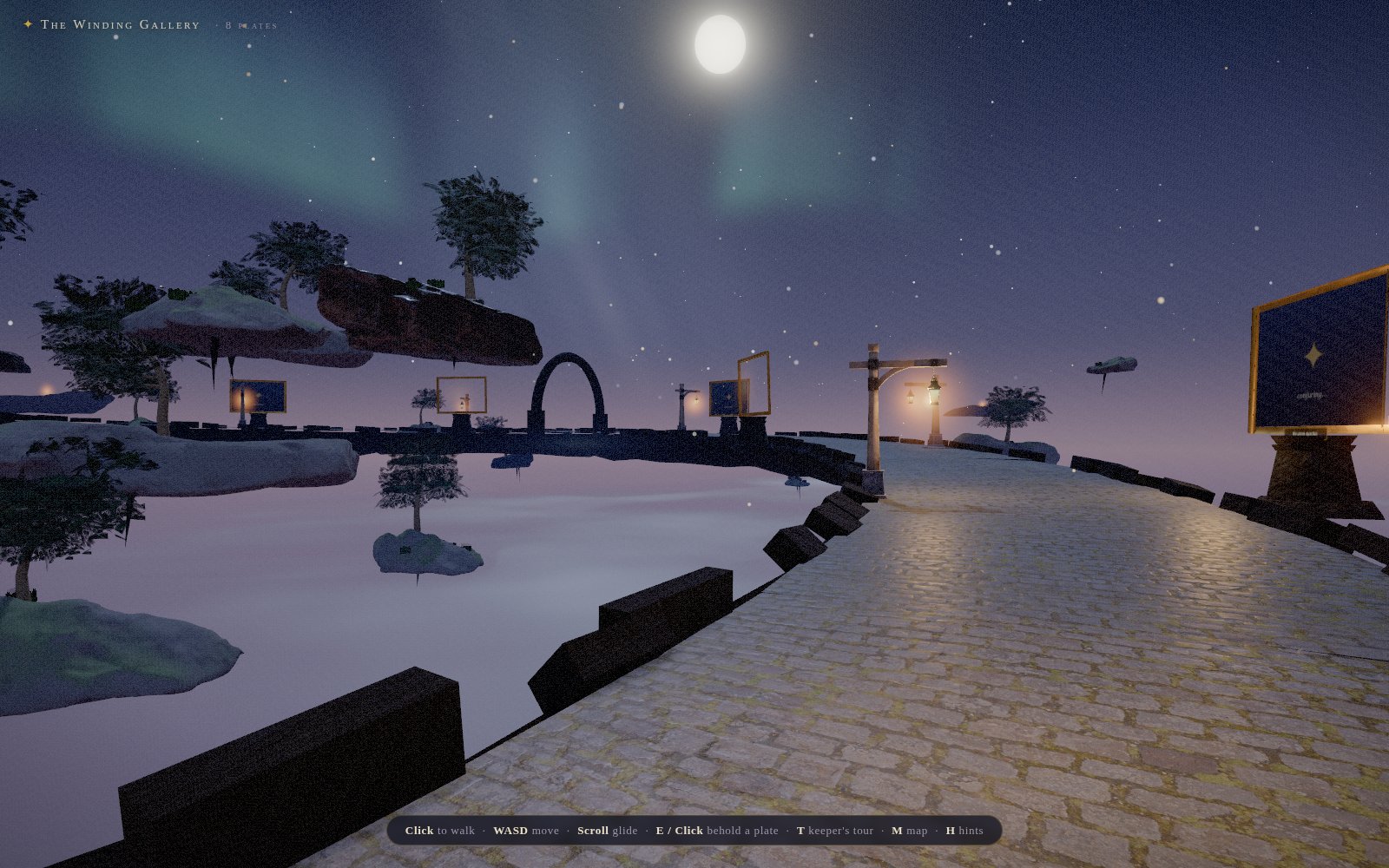 A moonlit cobblestone causeway winds between lanterns and framed photographs, floating in a starry night sky