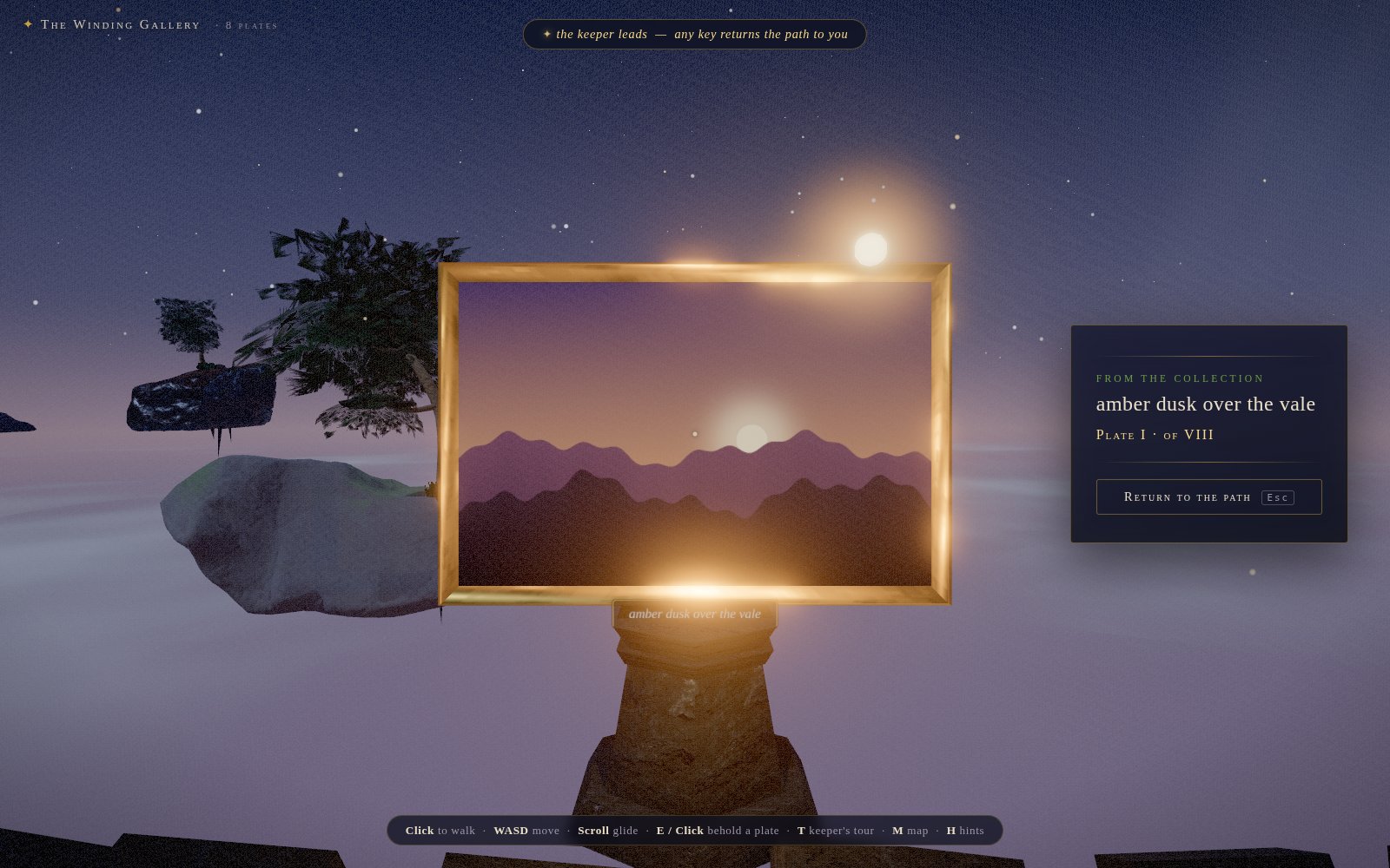 The keeper's tour beholds a glowing plate while its banner shows in the HUD