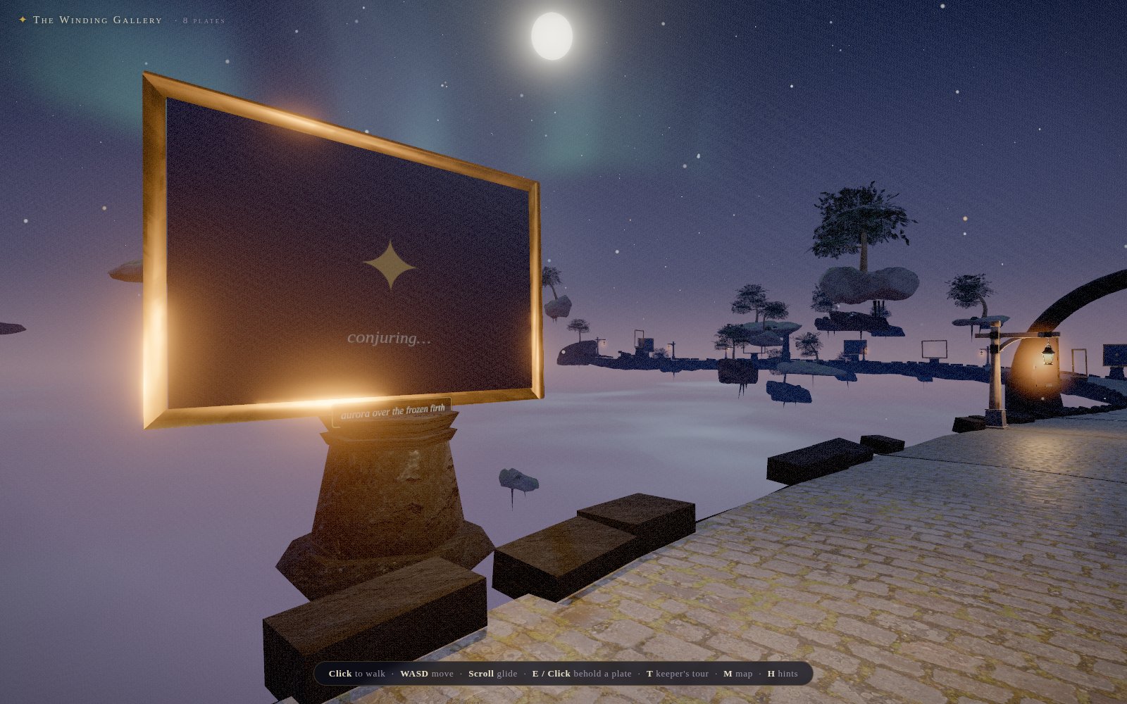 A framed aurora photograph glows on its plinth beside the path
