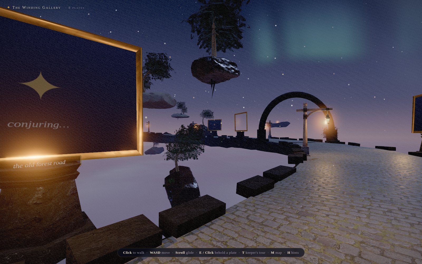 The path curves away past plinths and lanterns toward a stone arch