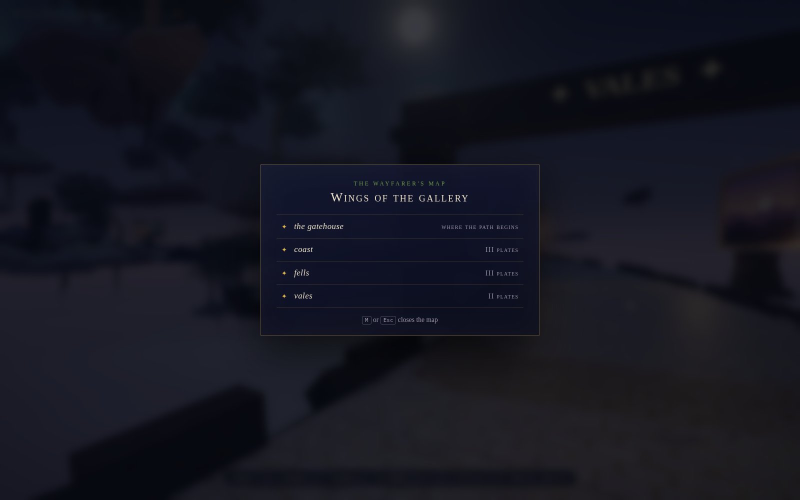 The Wayfarer's Map overlay listing the wings of the gallery