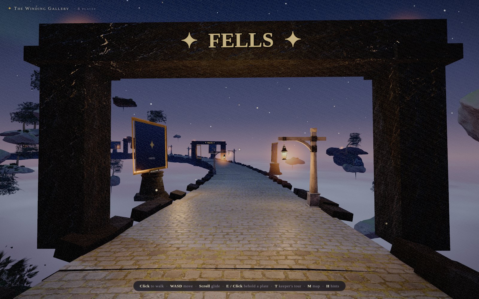 A stone waygate carved with FELLS in gold spans the cobblestone path